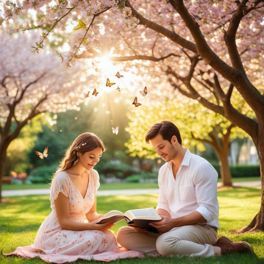 A warm and inviting scene depicting a couple in a serene park, intertwined in a loving embrace under a blooming cherry blossom tree. Surround them with subtle symbols of self-improvement like journals, books, and blooming flowers, representing growth. The sunlight filters through the leaves, creating a soft glow that enhances the atmosphere of connection and love. Include a touch of whimsy with butterflies fluttering around. vibrant colors. soft focus.