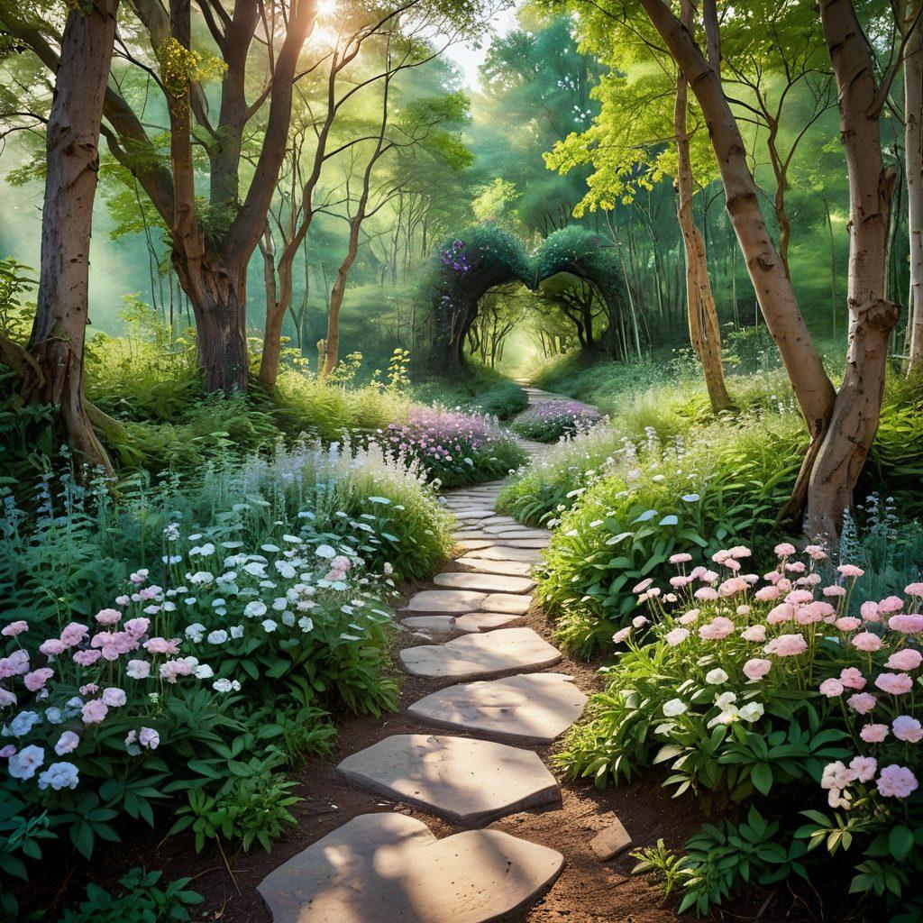A whimsical pathway winding through a lush, enchanting forest, symbolizing the journey of love. Along the path, couples of diverse backgrounds share intimate moments, surrounded by blooming flowers and warm sunlight filtering through the leaves. Heart-shaped clouds float in a serene sky above, adding a touch of magic. Soft, inviting colors enhance the romantic atmosphere. watercolor painting. soft pastel colors. dreamy background.