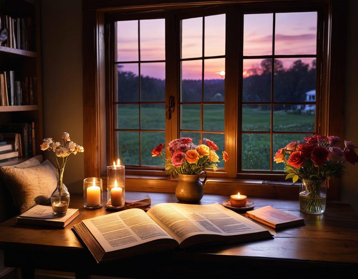 A cozy, warmly lit living room scene with a couple engaged in a deep conversation, surrounded by symbols of love like hearts and flowers. Include a large book titled 'Secrets to Love' on a table, with soft lighting creating a peaceful ambiance. In the background, a window shows a beautiful sunset, symbolizing hope and continuity. super-realistic. warm colors. soft focus.